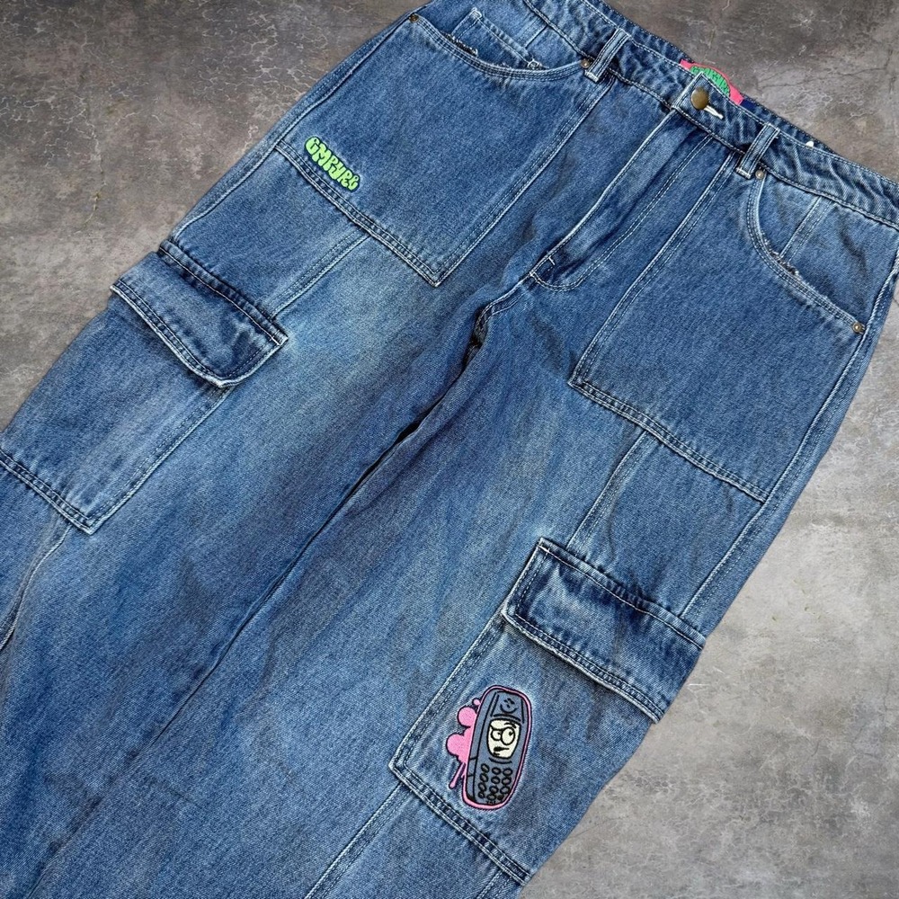 Empyre Embroidered Cargo Blue Jeans Women's Size 12 Skater Grunge Goth Denim